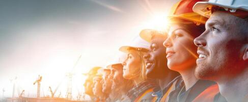 The diverse team of construction workers gazing towards a bright future. photo