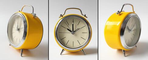 The vibrant yellow alarm clock showcasing timeless design and elegance. photo