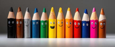 The cheerful array of colorful crayons with smiling faces in perfect alignment. photo