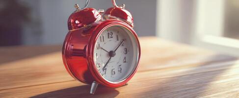 The classic red alarm clock on a wooden table in morning sunlight. photo
