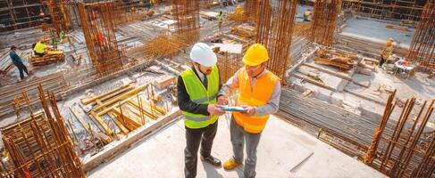 The construction workers collaborating on project planning at a busy building site. photo