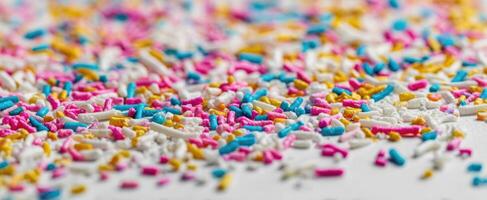 The colorful sprinkles scattered across a vibrant, festive baking background. photo