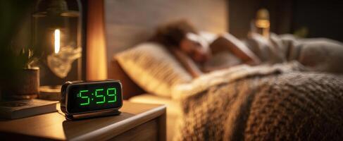 The digital alarm clock displays 559 in a serene, cozy bedroom setting. photo