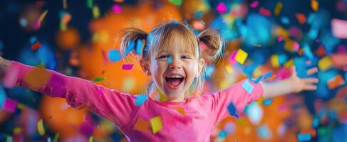 The joyful girl celebrating with colorful confetti and beaming smile. photo