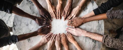 The hands of unity gathered around a circular marble table. photo