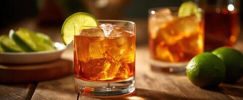 Two glasses of alcohol with lime slices on a wooden table photo