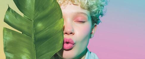 The playful girl with a leaf showcasing vibrant beauty and creativity. photo