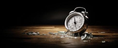 The Broken Clock Lies Amidst Shattered Glass on a Dark Surface photo