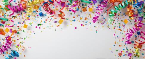 The vibrant streamers and confetti creating a festive celebration backdrop. photo