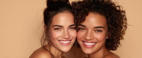 The joyful sisters showcasing beauty and friendship with radiant smiles. photo