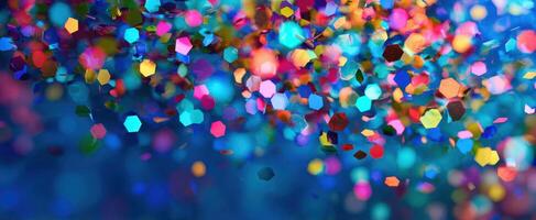 The vibrant display of multicolored hexagon-shaped glitter particles sparkling majestically. photo