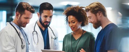 The medical team collaborating and analyzing data on a tablet in a hospital. photo