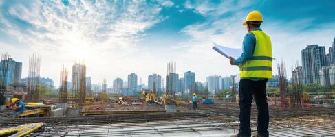 The construction worker reviewing blueprints at a bustling urban building site. photo