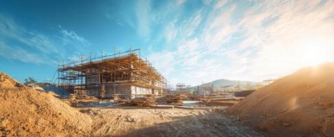 The construction site showcasing a new building under a bright sky. photo