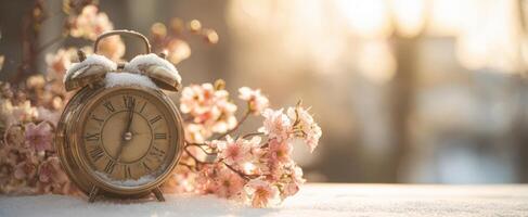 The vintage clock surrounded by delicate flowers in a serene snowy morning. photo