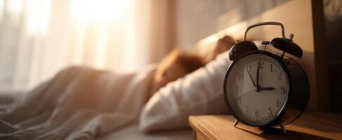 The vintage alarm clock beside a peaceful sleeper in morning sunlight. photo