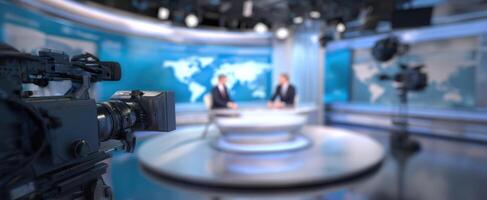 The modern television studio showcasing a professional news broadcast setup. photo