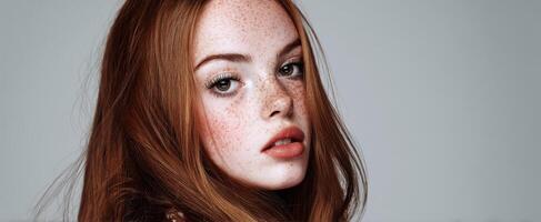 The captivating beauty of a freckled redhead in a striking portrait. photo