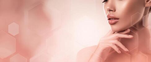 The elegant woman showcasing beauty and self-confidence in a soft, glowing portrait. photo