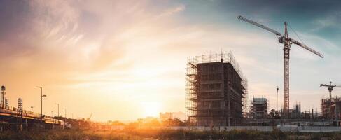 The construction site illuminated by sunset showcasing urban development and progress. photo