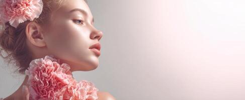 The ethereal beauty of a model surrounded by soft pink flowers. photo