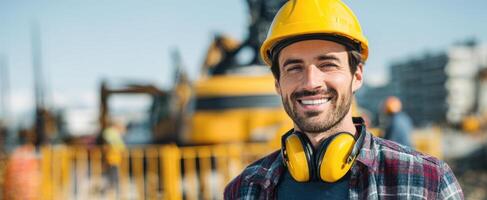 The smiling construction worker proudly standing on a bustling site. photo