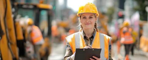 The confident construction worker overseeing projects in an urban environment. photo