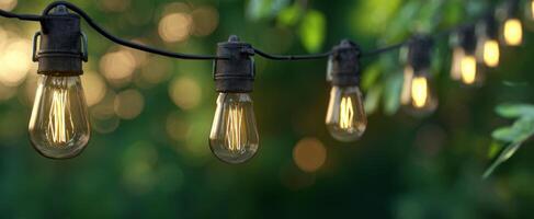 The warm glow of hanging string lights illuminating a beautiful garden setting. photo