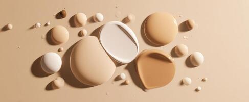 The artistic arrangement of colorful foundation drops on a beige background. photo