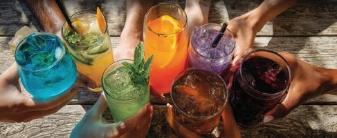 The colorful assortment of cocktails enjoyed among friends on a sunny day. photo