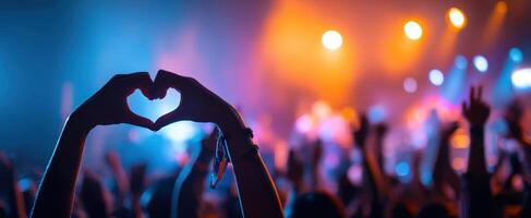 The heart shape created by hands in a vibrant concert atmosphere photo