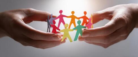The vibrant hands supporting a colorful circle of paper figures in unity photo