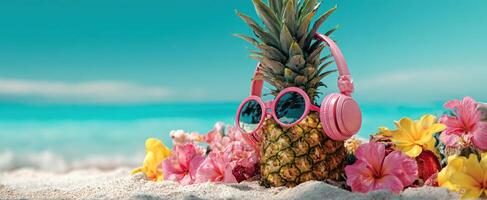 The playful pineapple wearing headphones and sunglasses on a vibrant beach. photo