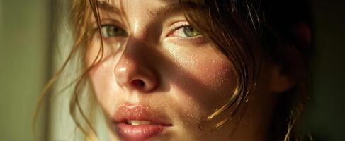 The close-up portrait of a beautiful woman illuminated by soft sunlight. photo