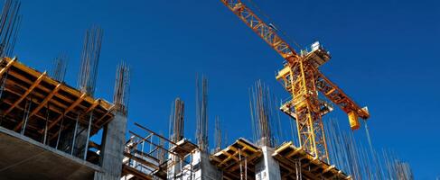 The Construction Crane Overseeing a Building Site Under Clear Blue Sky photo