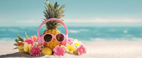 The cheerful pineapple with sunglasses and headphones on a sunny beach. photo