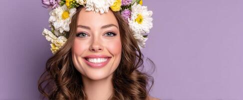 The beautiful woman wearing a floral crown with a joyful, bright smile. photo