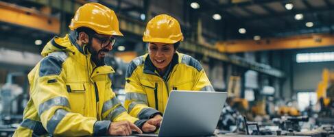 The dedicated team collaborates on a laptop in an industrial setting. photo