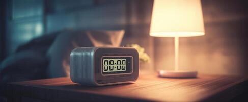 The stylish alarm clock and bedside lamp create a cozy bedroom atmosphere. photo