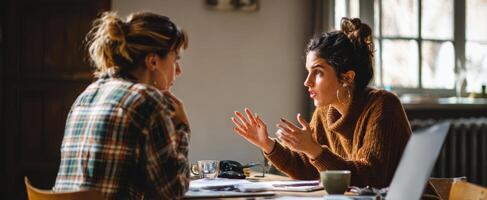 The engaging conversation between two friends in a cozy indoor setting. photo