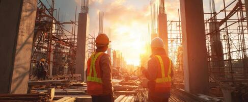 The construction workers overseeing a site at sunset amidst ongoing development. photo