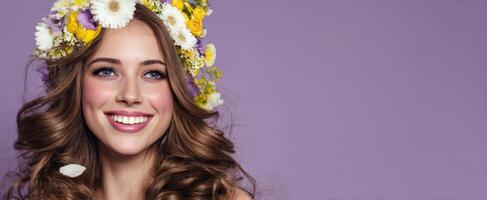 The captivating beauty of a woman with a floral crown and vibrant smile photo