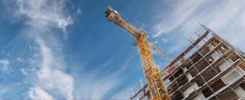 The towering crane overseeing a modern construction site against a blue sky. photo