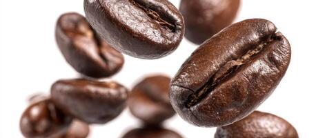 The floating coffee beans showcasing freshness and rich aroma in motion. photo
