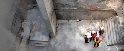 The construction workers assess plans in a building site excavation. photo