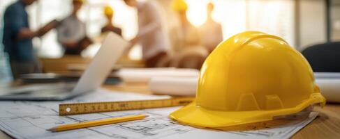 The yellow hard hat on architectural plans during a collaborative construction meeting. photo