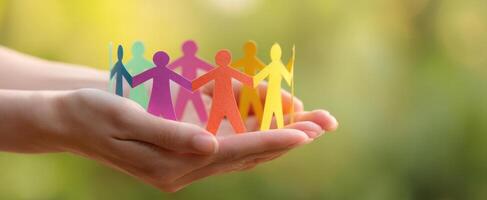 The vibrant paper figures representing unity and collaboration in hands. photo
