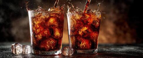 The enticing pour of refreshing cola in chilled glasses with ice. photo