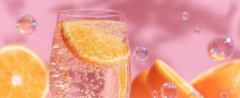 The refreshing orange drink with bubbles and vibrant pink background photo
