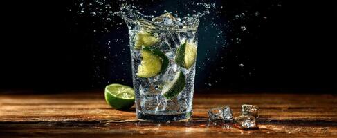 The refreshing cocktail splashing with lime and ice in a glass. photo